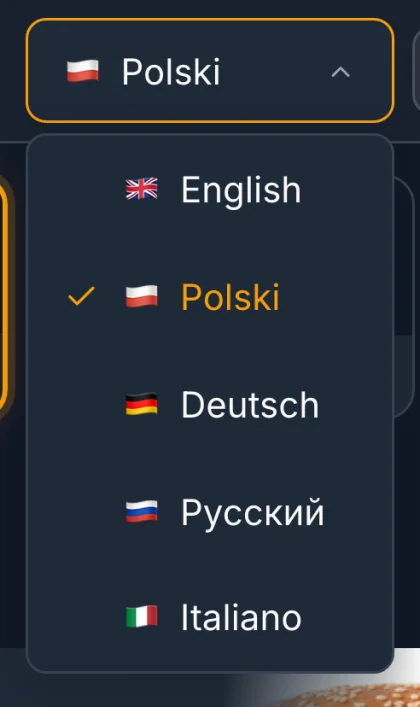 Powiększona lista wyboru języka w menu QR
