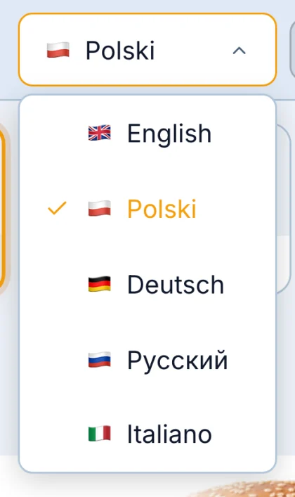 Powiększona lista wyboru języka w menu QR
